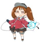  &gt;:o 1girl :o brown_eyes brown_hair chibi holding japanese_clothes kantai_collection kariginu looking_at_viewer magatama moru_(monaka) open_mouth pleated_skirt ryuujou_(kantai_collection) scroll simple_background skirt solo twintails visor_cap white_background 