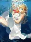  1girl blonde_hair blue_eyes bubble dress flower long_hair moekon original solo underwater water 