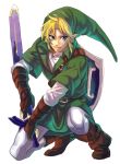  blonde_hair blue_eyes gloves hat kiru_(sorr5042) link ocarina_of_time pointy_ears sheath sheathed shield sword the_legend_of_zelda weapon 