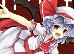  1girl :d akisome_hatsuka ascot fang hat looking_at_viewer mob_cap open_mouth outstretched_arms pointy_ears purple_hair red_eyes remilia_scarlet short_hair smile solo spread_arms touhou 