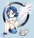  1boy ahoge angel_wings bicycle_helmet blue_eyes blue_hair fingerless_gloves gloves headwear_removed helmet helmet_removed junekun male manami_sangaku sitting smile solo sportswear wings yowamushi_pedal 