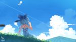  1girl alternate_costume bare_shoulders blue_hair bow cirno clouds dress ha_ru hair_bow ice ice_wings outdoors popsicle short_hair sitting sky solo touhou wings 