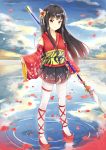  1girl black_hair clouds highres japanese_clothes kimono long_hair looking_at_viewer orange_eyes original petals polearm sky solo spear standing_on_water tailam traditional_clothes water weapon white_legwear yukata 