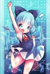  1girl akisha arm_up blue_dress blue_eyes blue_hair cirno dress fang highres ice ice_wings open_mouth puffy_short_sleeves puffy_sleeves shoes short_sleeves smile sneakers solo touhou wings 