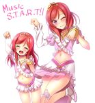 1girl closed_eyes dress frilled_dress frills highres long_hair long_sleeves looking_at_viewer love_live!_school_idol_project midriff miniskirt music_s.t.a.r.t!! nishikino_maki paw_pose puffy_long_sleeves puffy_short_sleeves puffy_sleeves redhead short_hair short_sleeves single_sleeve skirt standing_on_one_leg time_paradox violet_eyes wink yu-ta 