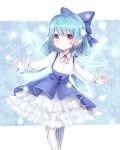  1girl adapted_costume blue_dress blue_hair bow cirno dress hair_bow highres ice ice_wings long_sleeves mochi0103 outstretched_arms petticoat pointy_ears red_eyes shirt smile solo striped striped_legwear touhou vertical-striped_legwear vertical_stripes wings 