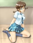  antenna_hair braid brown_eyes brown_hair glasses idolmaster kneehighs kneeling muhi11234 necktie plaid plaid_skirt rough_time_school school_uniform short_hair skirt socks solo tartan twin_braids 