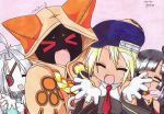  animal_ears banpaiyu blazblue blonde_hair cat_ears eyepatch gloves hat highres litchi_faye_ling lucky_star marker_(medium) motteke!_serafuku necktie noel_vermillion nu-13 parody signature taokaka traditional_media v-13 white_hair 