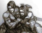  :p balrog claws glowing glowing_eyes han_juri hug monochrome muscle ponytail short_twintails sitting street_fighter street_fighter_iv tongue twintails vega 