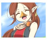  brown_hair chenge-getter closed_eyes long_hair medli nintendo open_mouth pointy_ears ponytail rito smile the_legend_of_zelda 