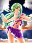  frog gohei green_eyes green_hair hair_ornament irusu kochiya_sanae long_hair ocean snake swimsuit touhou 
