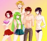  black_hair blonde_hair blue_eyes braid breasts brown_hair c.c. cc code_geass gino_weinberg green_eyes green_hair hair_over_breasts kallen_stadtfeld kururugi_suzaku laughing lelouch_lamperouge mameezu midriff pants purple_eyes red_hair redhead skinny skirt smile speedo swimsuit topless violet_eyes yellow_eyes 