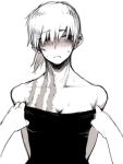 bad_id bare_shoulders blush breasts cleavage collarbone embarrassed face monochrome mya original ponytail pov scar sketch solo sweat undressing 