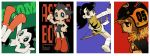  70s 80s android arrow astro_boy atom atom_(tetsuwan_atom) black_hair bow character_request dororo green_eyes helmet highres long_image oldschool pinoko tetsuwan_atom usshi wide_image 