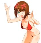  amami_haruka bikini breasts brown_hair green_eyes hands idolmaster open_mouth short_hair smile solo swimsuit wink 