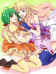  blue_eyes dress gloves green_hair kurimomo macross macross_frontier microphone orange_dress ranka_lee sheryl_nome thigh-highs thighhighs yellow_eyes yellow_legwear 