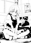  bad_id between_thighs book braid broom curtains floor hat indian_style kirisame_marisa mary_janes monochrome reading shoes side_braid sitting smile socks solo touhou tro v_arms window witch_hat 