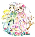  :d axis_powers_hetalia brown_eyes changpao chinese_clothes flower hair_flower hair_ornament hand_holding highres holding_hands japan_(hetalia) japanese_clothes legomaru long_hair long_sleeves open_mouth plum_blossoms sleeves_past_wrists smile taiwan_(hetalia) traditional_media watercolor watercolor_(medium) 