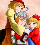  aki_minoriko aki_shizuha blonde_hair blush bottle breast_press breasts drunk glasses hat hug lazy_eye leaf leaves maple_leaf morichika_rinnosuke short_hair silver_hair sweatdrop touhou translated yellow_eyes yoshio 