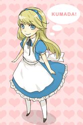  1boy alice_(wonderland) alice_(wonderland)_(cosplay) alice_in_wonderland apron atlus blonde_hair blue_eyes cosplay crossdressing crossdressinging disney dress eyebrows_visible_through_hair fairy_tales gijinka hairband humanization kuma_(persona_4) long_hair male megami_tensei persona persona_4 personification ribbon smile solo thigh-highs thighhighs trap umechiui 