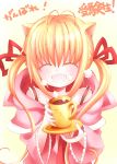  blonde_hair cat_ears catbell closed_eyes cup hair_ribbon long_hair oversized_clothes ribbon saucer smile twintails 