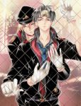   2boys absolute_obedience_(game) gloves goggles hat hug kia_welbehenna louise_hardwick male outside necktie uniform yaoi zettai_fukuju_meirei  