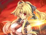  breasts large_breasts long_hair necktie original ponytail red_eyes solo sunset windart 