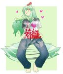  aduman alternate_costume azzie_(az_man_studios) bad_id barefoot clothes_writing contemporary ex-keine ex_keine green_hair heart horn_ribbon horns kamishirasawa_keine long_hair naughty_face panties pants rape_face red_eyes ribbon smirk striped striped_panties t-shirt tail tail_wagging touhou underwear unzipped wagging you_gonna_get_raped 