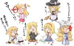  arisa_bannings blonde_hair blood braid broom chibi crossover epic_nosebleed fate_testarossa fox_tail hat kirisame_marisa long_hair mahou_shoujo_lyrical_nanoha multiple_tails nosebleed pantyhose parody short_hair tadokoro_teppei tail touhou translated vivio witch_hat yakumo_ran 