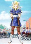  android_18 blonde_hair boots bracelet bun_cover capcom china_dress chinadress chinese_clothes chun-li chun-li_(cosplay) cosplay crossover deka_master double_bun dragon_ball dragon_ball_z dragonball dragonball_z earrings highres jewelry pantyhose solo spiked_bracelet spikes street_fighter 