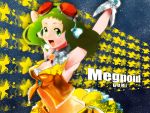  agata_no_michi armpits arms_up goggles goggles_on_head green_eyes green_hair gumi headphones headset highres open_mouth short_hair smile solo star vocaloid wrist_cuffs 