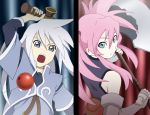  1girl axe cut-in elbow_gloves genis_sage gloves kamakiri kendama looking_back presea_combatir sleeveless tales_of_(series) tales_of_symphonia twintails weapon 