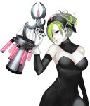  breasts cleavage earrings elbow_gloves gloves green_hair jewelry kimura_daisuke original pale_skin red_eyes solo syringe 