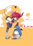 demon_girl disgaea elbow_gloves etna flat_chest gloves minami-nyan miniskirt nippon_ichi pointy_ears prinny red_eyes red_hair redhead skirt tail tail_raised thigh-highs thighhighs twintails wings