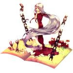  albino barefoot book chain chains dress elysion flower lafrenze long_hair red_eyes silver_hair solo sound_horizon spider_lily sunakumo very_long_hair 