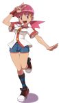  1girl akane_(pokemon) gym_leader pink_hair pokemon pokemon_(game) pokemon_gsc red_eyes ryunryun shorts socks striped striped_socks v 