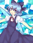  1girl bad_id blue_eyes blue_hair bow checkered checkered_background cirno dress hair_bow highres open_mouth outstretched_arms ribbon short_hair smile solo spread_arms touhou uranaishi_(miraura) wings 