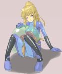  between_legs blue_eyes long_hair metroid metroid_(creature) nintendo ponytail roadksa samus_aran smile zero_suit 