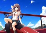  biplane blue_eyes boots brown_hair cloud clouds hand_behind_head ike_masato long_hair open_mouth original shorts sitting sky smile solo 
