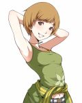  brown_eyes brown_hair grin ina_(gokihoihoi) ina_(pixiv6911) navel persona persona_4 satonaka_chie short_hair showing_armpits smile tank_top tied_shirt 