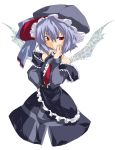  alternate_costume bad_id bare_shoulders dress hand_on_own_cheek hat highres jpeg_artifacts lavender_hair red_eyes remilia_scarlet simple_background slit_pupils smile smirk solo takesinobu touhou white_background wings 