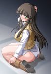  black_hair blush boots breasts gad_guard green_eyes kneeling large_breasts long_hair no_pants no_skirt panties shinozuka_arashi shinozuka_jouji sweater sweater_vest underwear white_panties 