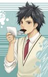  black_hair blood chocolate hitsujimura_saki male minami-ke minami_natsuki mouth_hold necktie nosebleed note photo_(object) school_uniform vest 