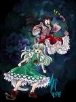 2girls black_hair caved ex-keine ex_keine green_hair horns houraisan_kaguya kamishirasawa_keine long_hair long_skirt madkoifish multiple_girls ouch phone red_eyes skirt touhou