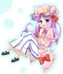  1girl :o bow crescent hair_bow hat long_hair mamedenkyuu mamedenkyuu_(berun) mary_janes patchouli_knowledge purple_eyes purple_hair robe shoes solo striped touhou 
