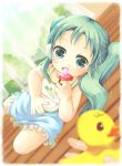  aqua_hair baby bib blurry child depth_of_field dutch_angle hatsune_miku imoi_(pixiv55719) lying on_side pacifier pov rubber_duck sitting spring_onion twintails vocaloid young 