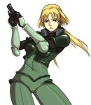 blonde_hair blue_gender bodysuit gauntlets gloves green_eyes gun gus_(clarkii) handgun marlene_angel pistol ponytail weapon 