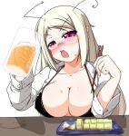  breasts brown_hair chopsticks cleavage cup drunk food glasses kotatsu_(artist) large_breasts long_hair mug open_clothes open_shirt original purple_eyes shirt solo violet_eyes 