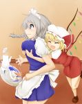  blue_eyes breast_grab breasts drop fang flandre_scarlet izayoi_sakuya silver_hair surprise surprised surprised_arms tea teapo_(pixiv81696) tipo_(tipoplaza) touhou wings 