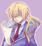  bad_id blazblue blonde_hair blue_eyes chako_444 glasses gloves jin_kisaragi male purple_background reading short_hair tsujimiya_(chako_444) uniform 